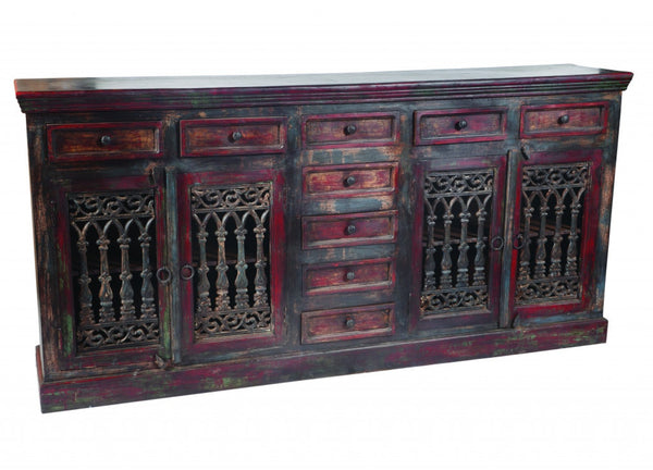 HomeRoots 90" Brown Solid Wood Buffet Table - Nine Drawers, Four Doors, Timeless Storage & Elegant Design 488677