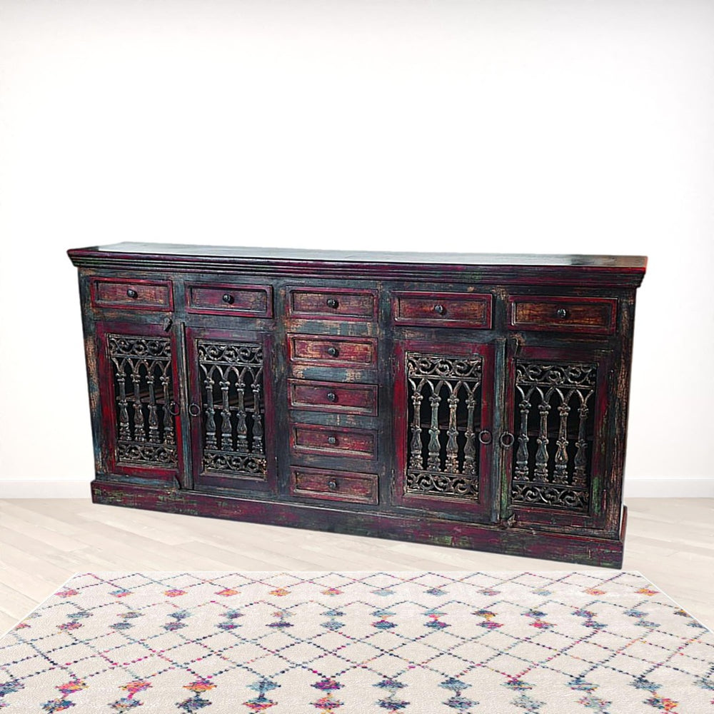 HomeRoots 90" Brown Solid Wood Buffet Table - Nine Drawers, Four Doors, Timeless Storage & Elegant Design 488677