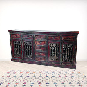 HomeRoots 90" Brown Solid Wood Buffet Table - Nine Drawers, Four Doors, Timeless Storage & Elegant Design 488677