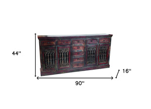 HomeRoots 90" Brown Solid Wood Buffet Table - Nine Drawers, Four Doors, Timeless Storage & Elegant Design 488677