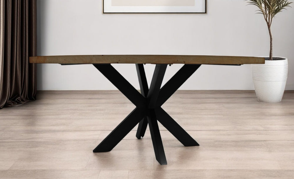 HomeRoots 72" Rustic Gray Beige Solid Wood & Black Iron Round Dining Table - Stylish, Seats 6, Vintage Charm 488679