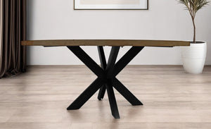 HomeRoots 72" Rustic Gray Beige Solid Wood & Black Iron Round Dining Table - Stylish, Seats 6, Vintage Charm 488679