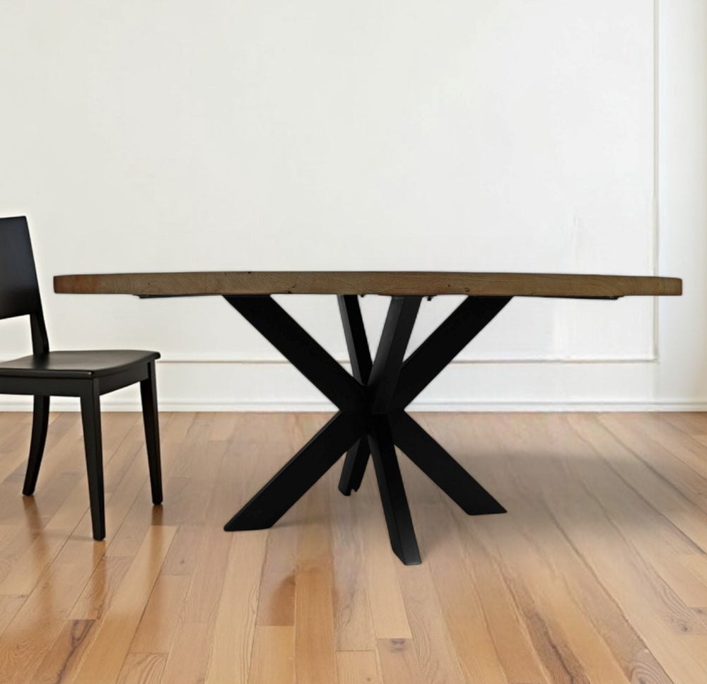 Homeroots 60" Natural And Black Rounded Solid Wood And Iron Pedestal Base Dining Table   488680
