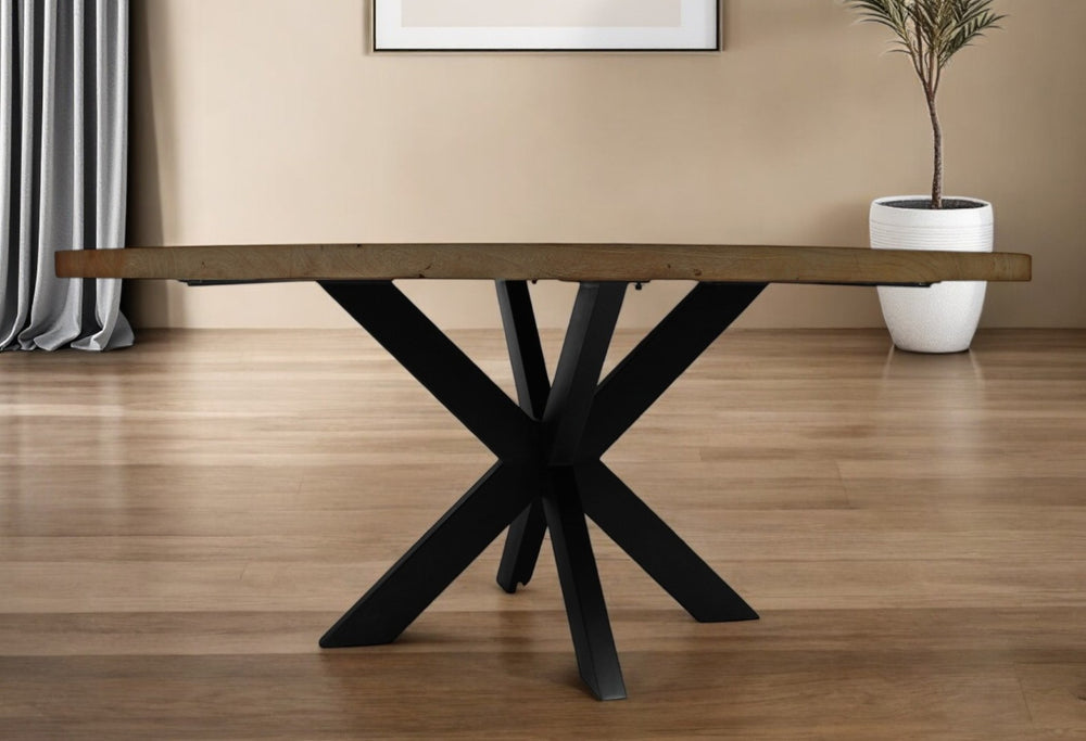 HomeRoots 60" Rustic Solid Wood Round Dining Table with Black Iron Pedestal Base - Perfect for Gatherings! 488680