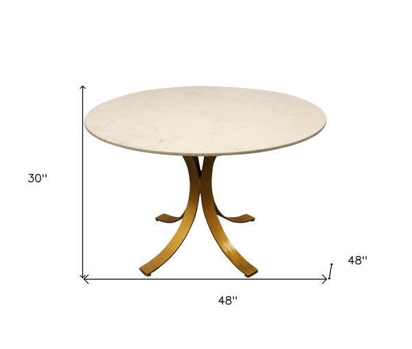 Homeroots 48" Ivory And Brass Rounded Marble And Iron Pedestal Base Dining Table   488682