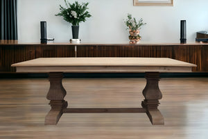 HomeRoots 84" Gray Solid Wood Dining Table - Rustic Charm, Hand-Carved Trestle Base, Seats 8 – Durable & Stylish 488683