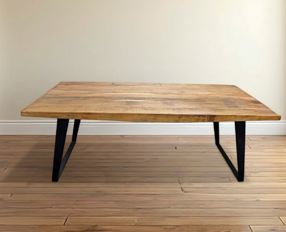 Homeroots 63" Natural And Black Solid Wood And Iron Sled Base Dining Table   488685