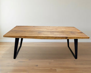 Homeroots 84" Natural And Black Solid Wood And Iron Sled Base Dining Table   488686