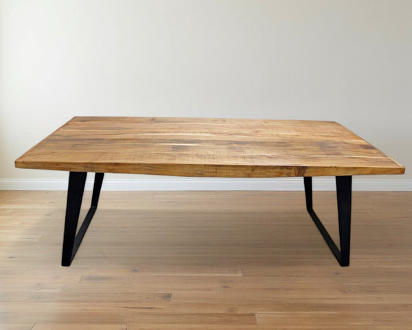Homeroots 84" Natural And Black Solid Wood And Iron Sled Base Dining Table   488686