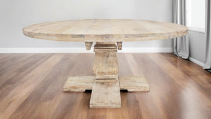 HomeRoots 70" Light Brown Rounded Solid Wood Dining Table with Pedestal Base - Rustic Charm for Gatherings! 488691
