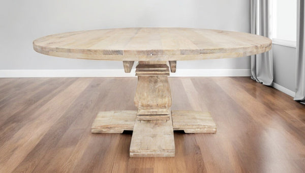 HomeRoots 70" Light Brown Rounded Solid Wood Dining Table with Pedestal Base - Rustic Charm for Gatherings! 488691