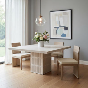 HomeRoots 60" Ivory Square Solid Wood Dining Table - Elegant Pedestal Design for Vintage & Modern Spaces 488695