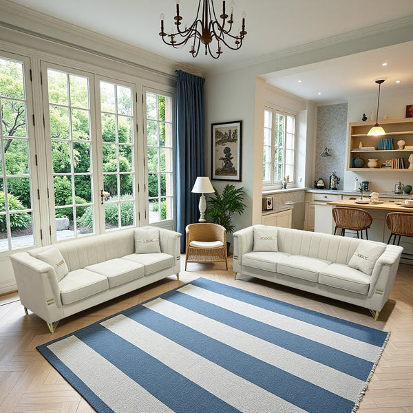 English Elm FX-P82-2PC Velvet Sofa Set of 2 — Plush Tufted 3-Seater Couches with Gold Metal Legs for Stylish Homes Beige W576S00240