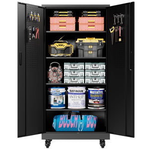 English Elm Heavy Steel Garage Cabinet with Pegboard Doors Locking Wheels and Adjustable Shelving T2398P465997