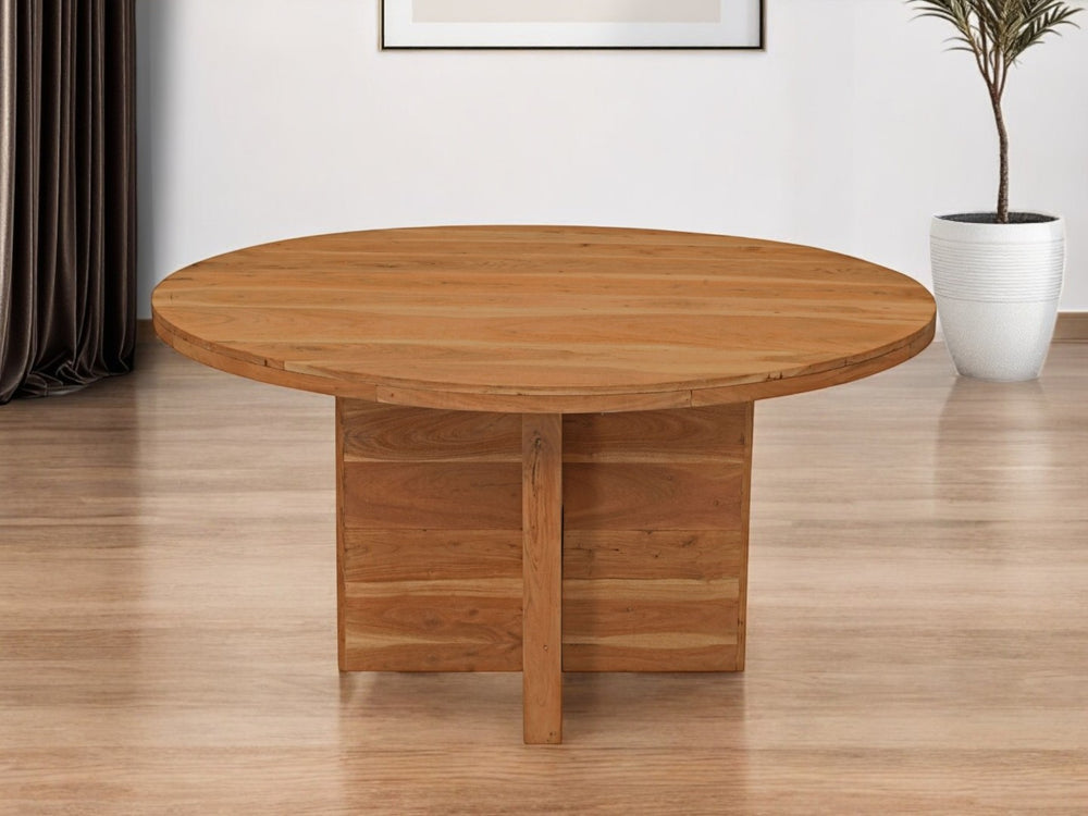 HomeRoots 60" Natural Rounded Solid Wood Pedestal Dining Table - Rustic Charm for Cozy Gatherings & Meals 488702