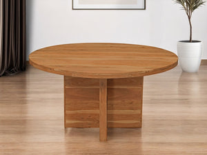 HomeRoots 60" Natural Rounded Solid Wood Pedestal Dining Table - Rustic Charm for Cozy Gatherings & Meals 488702