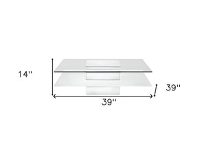 Homeroots 39" White And Clear Glass Square Coffee Table With Shelf   488708