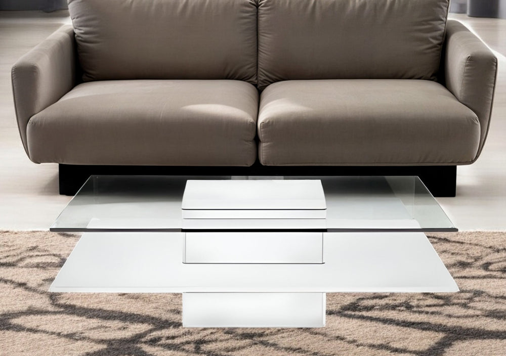 Homeroots 39" White And Clear Glass Square Coffee Table With Shelf   488708