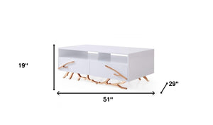 Homeroots 51" Rosegold And White Rectangular Coffee Table With Two Drawers And Two Shelves   488710