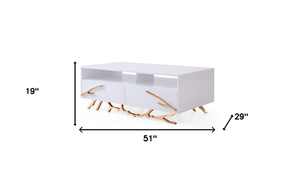 Homeroots 51" Rosegold And White Rectangular Coffee Table With Two Drawers And Two Shelves   488710