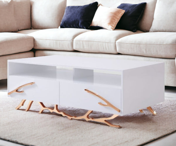 Homeroots 51" Rosegold And White Rectangular Coffee Table With Two Drawers And Two Shelves   488710