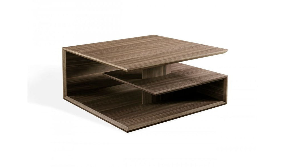 Homeroots 32" Walnut Solid Manufactured Wood Square Coffee Table With Two Shelves   488712