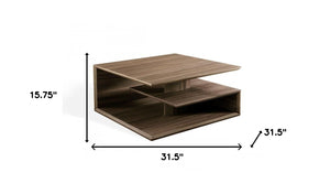 Homeroots 32" Walnut Solid Manufactured Wood Square Coffee Table With Two Shelves   488712