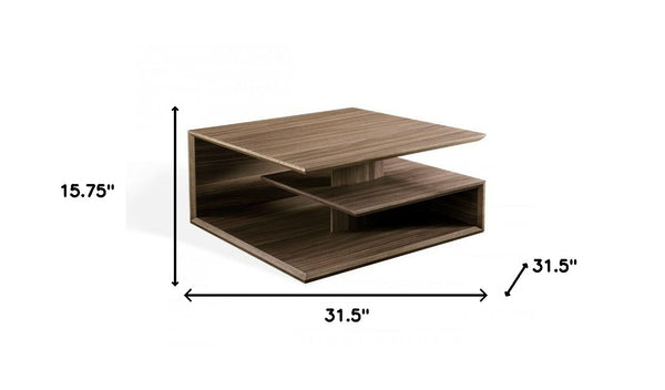 Homeroots 32" Walnut Solid Manufactured Wood Square Coffee Table With Two Shelves   488712