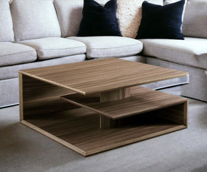 Homeroots 32" Walnut Solid Manufactured Wood Square Coffee Table With Two Shelves   488712