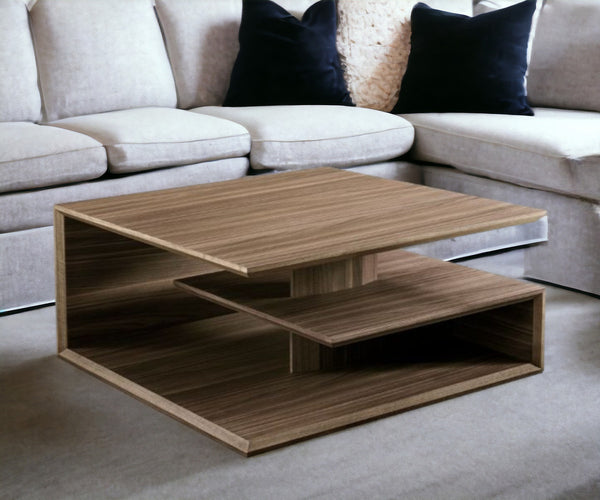 Homeroots 32" Walnut Solid Manufactured Wood Square Coffee Table With Two Shelves   488712