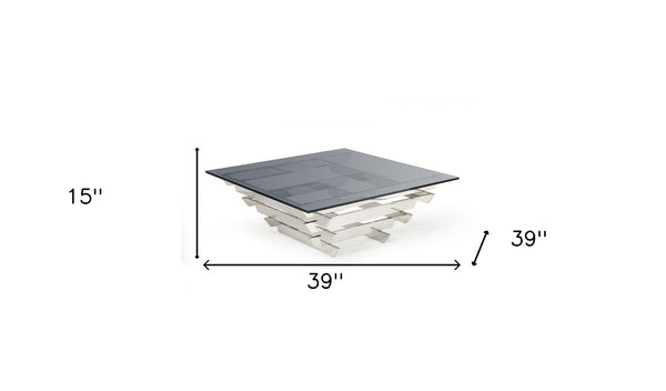 Homeroots 39" Silver And Smoked Glass Square Coffee Table   488714