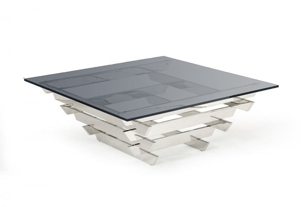 Homeroots 39" Silver And Smoked Glass Square Coffee Table   488714