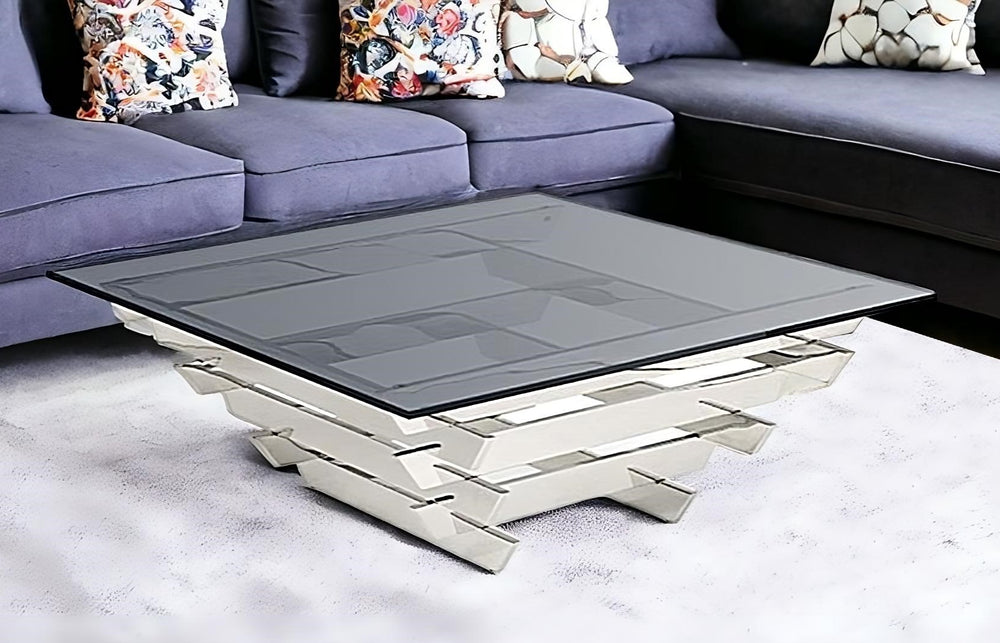 Homeroots 39" Silver And Smoked Glass Square Coffee Table   488714