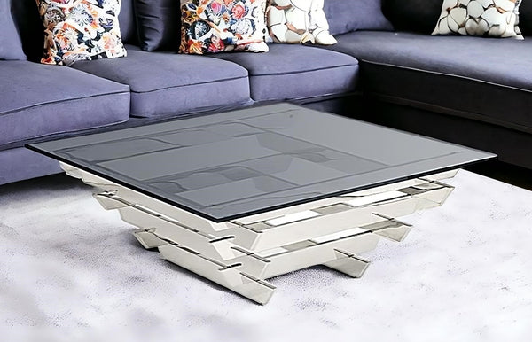 Homeroots 39" Silver And Smoked Glass Square Coffee Table   488714