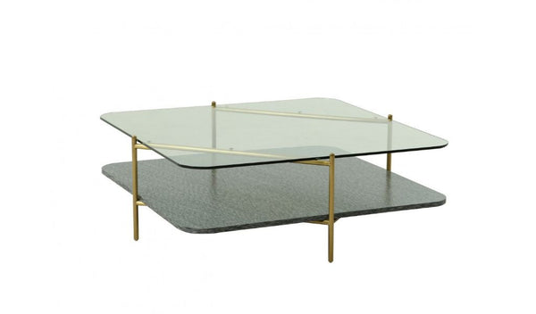 Homeroots 43" Gold And Clear Glass Square Coffee Table With Shelf   488720