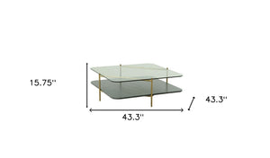 Homeroots 43" Gold And Clear Glass Square Coffee Table With Shelf   488720