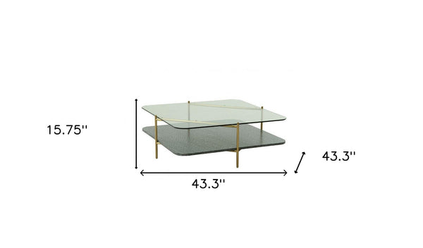 Homeroots 43" Gold And Clear Glass Square Coffee Table With Shelf   488720