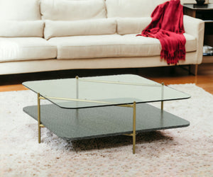 Homeroots 43" Gold And Clear Glass Square Coffee Table With Shelf   488720