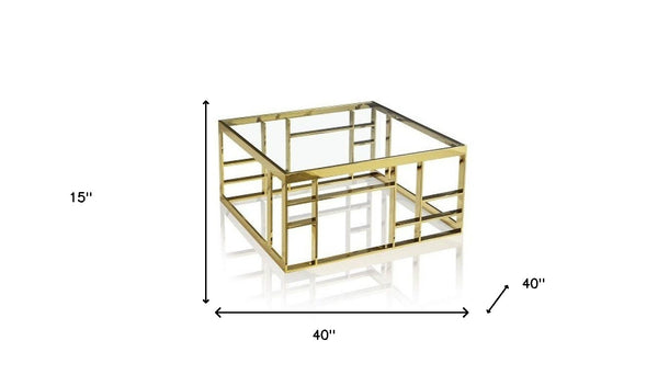 Homeroots 40" Gold And Clear Glass Square Coffee Table   488723
