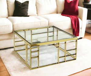 Homeroots 40" Gold And Clear Glass Square Coffee Table   488723