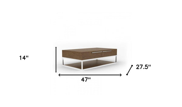 Homeroots 47" Silver And Walnut Rectangular Coffee Table With Two Drawers And Shelf   488724