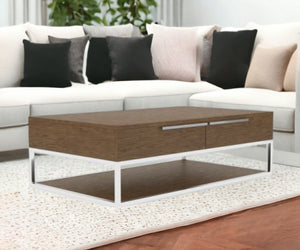 Homeroots 47" Silver And Walnut Rectangular Coffee Table With Two Drawers And Shelf   488724