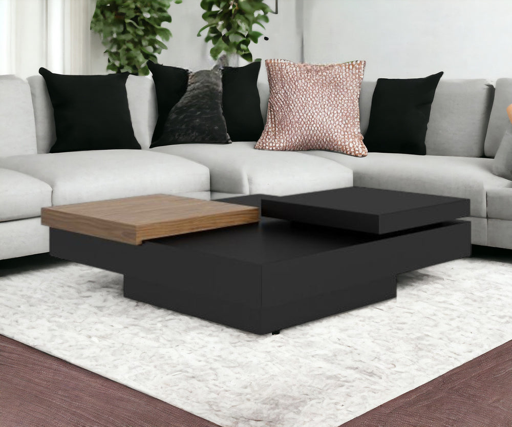 Homeroots 39" Black And Walnut Square Coffee Table With Drawer   488725