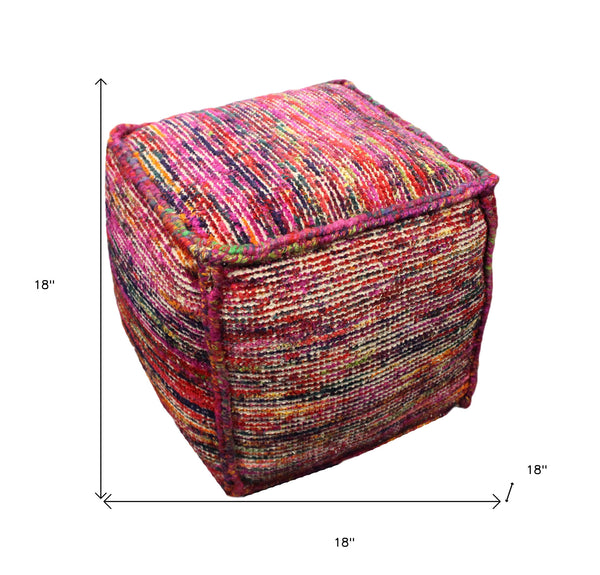 Homeroots 18" Pink Wool Cube Pouf Ottoman   488726