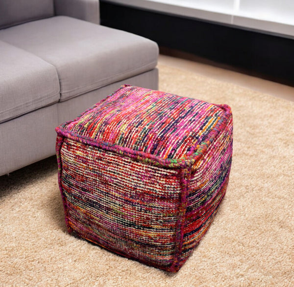 Homeroots 18" Pink Wool Cube Pouf Ottoman   488726
