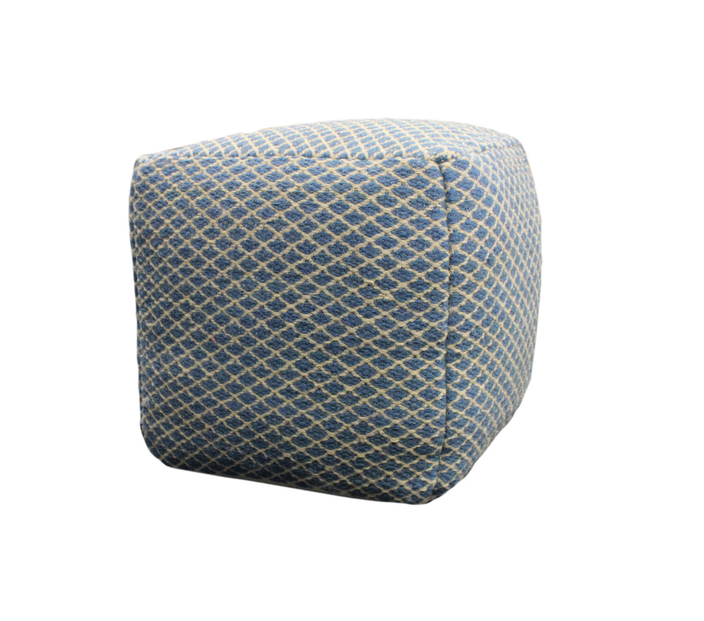 Homeroots 18" Blue And Beige Wool Cube Trellis Pouf Ottoman   488727
