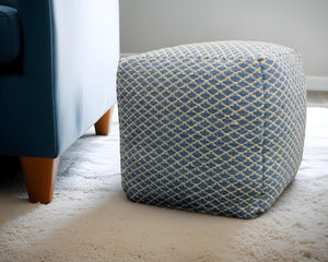 Homeroots 18" Blue And Beige Wool Cube Trellis Pouf Ottoman   488727