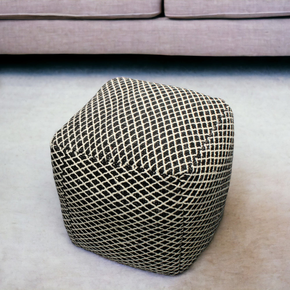 Homeroots 18" Black And Ivory Wool Cube Geometric Pouf Ottoman   488728
