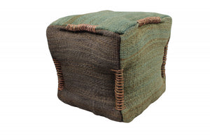 Homeroots 18" Green And Brown Jute Cube Pouf Ottoman   488731