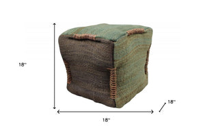 Homeroots 18" Green And Brown Jute Cube Pouf Ottoman   488731
